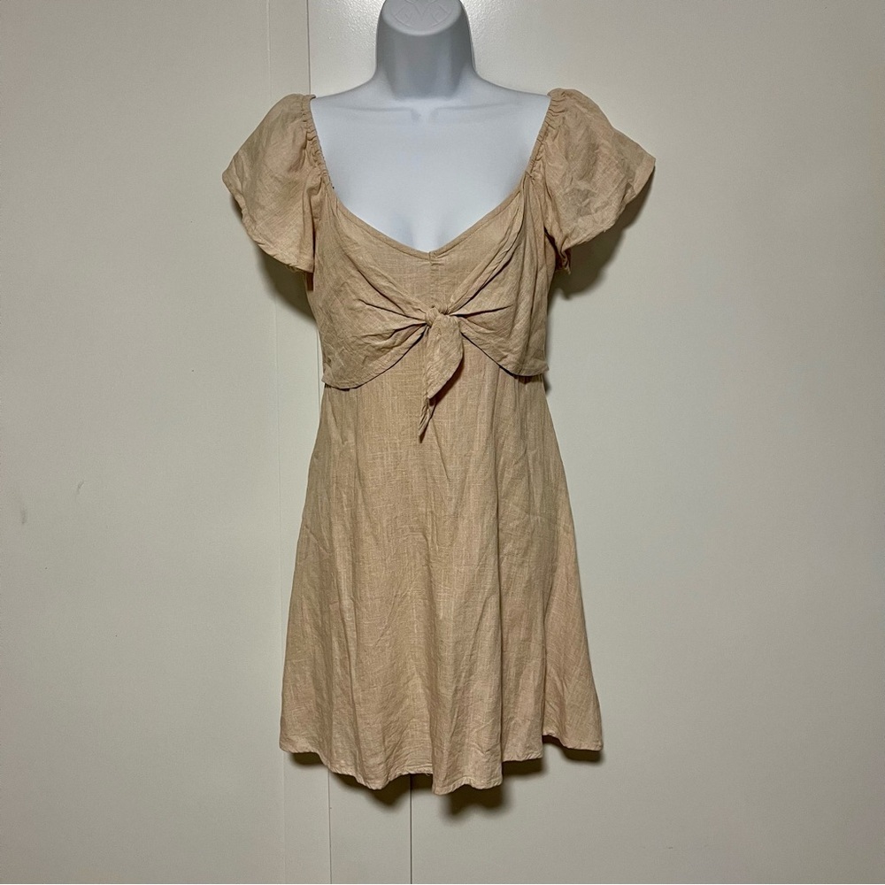Tan Linen Mini Sun Dress Tie Front Ruffle Sleeves Line Size Small Spring Easter - Picture 2 of 10